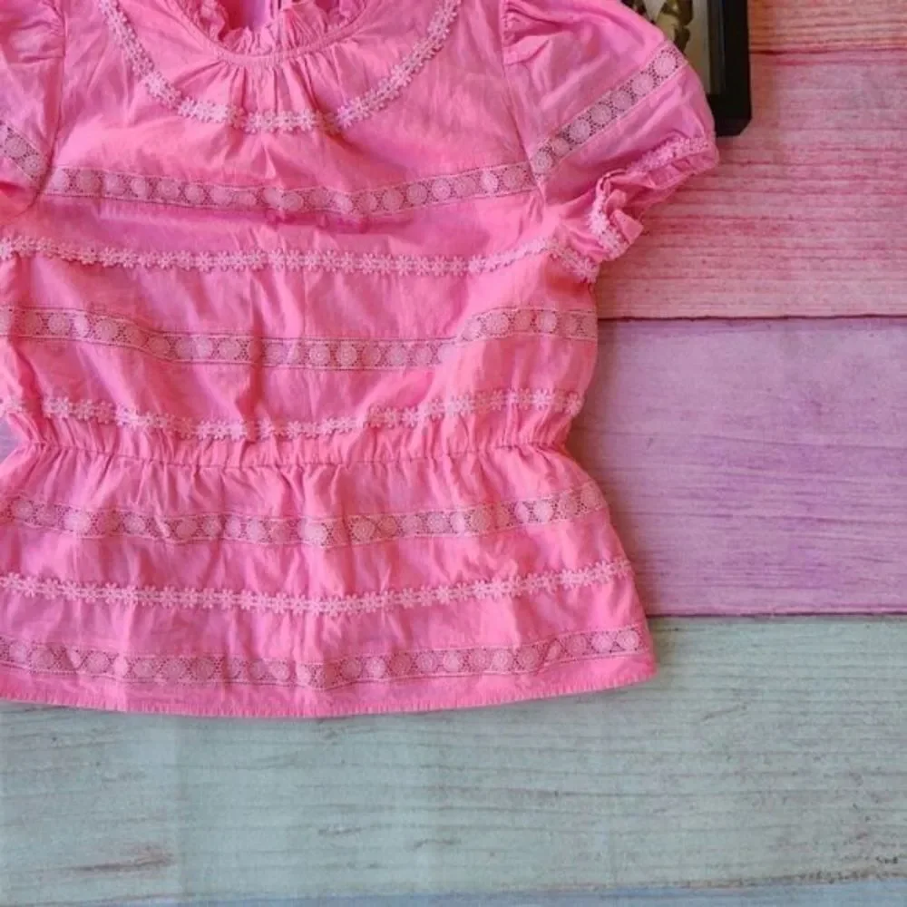J. Crew Bright Pink Daisy Chain Lace Trim Puff Sleeve Peplum Top Small Modest‎